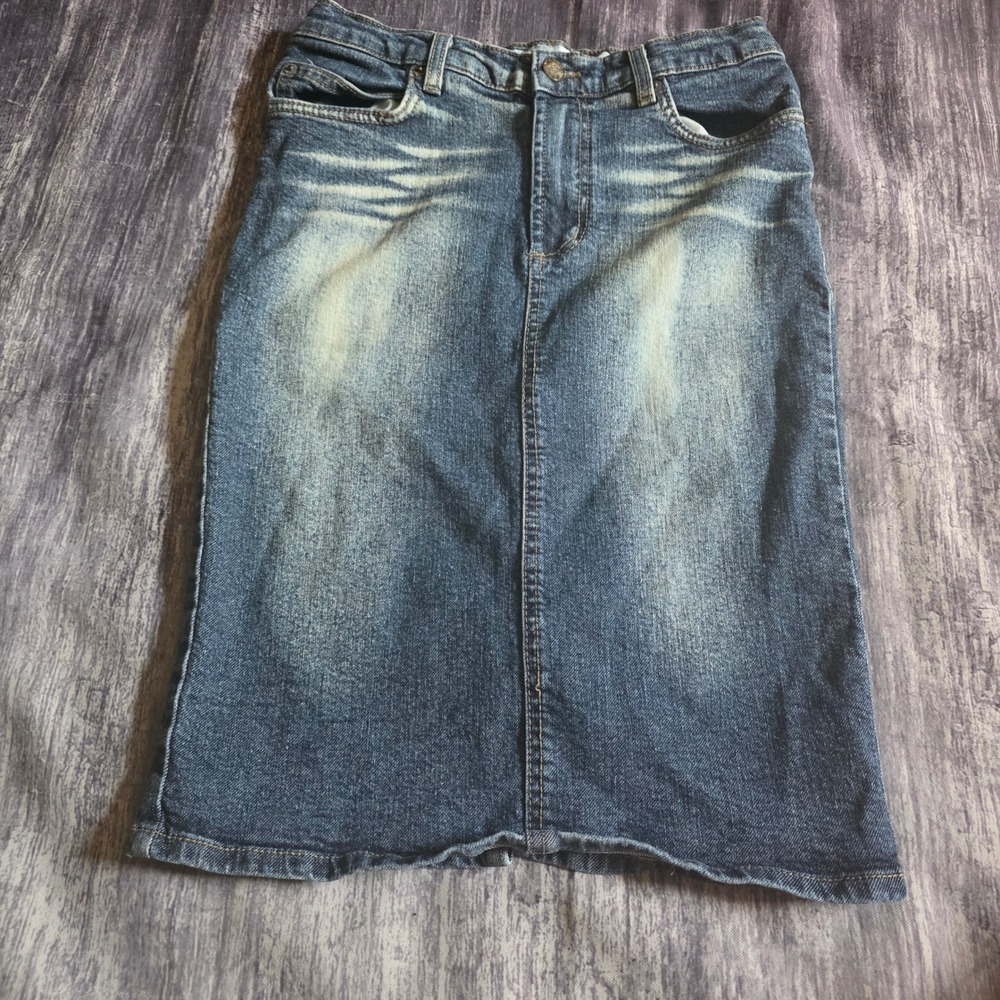 Nine Planet Denim Midi Skirt Medium Wash Whiskered Pencil Skirt Size 9 USA Y2K
